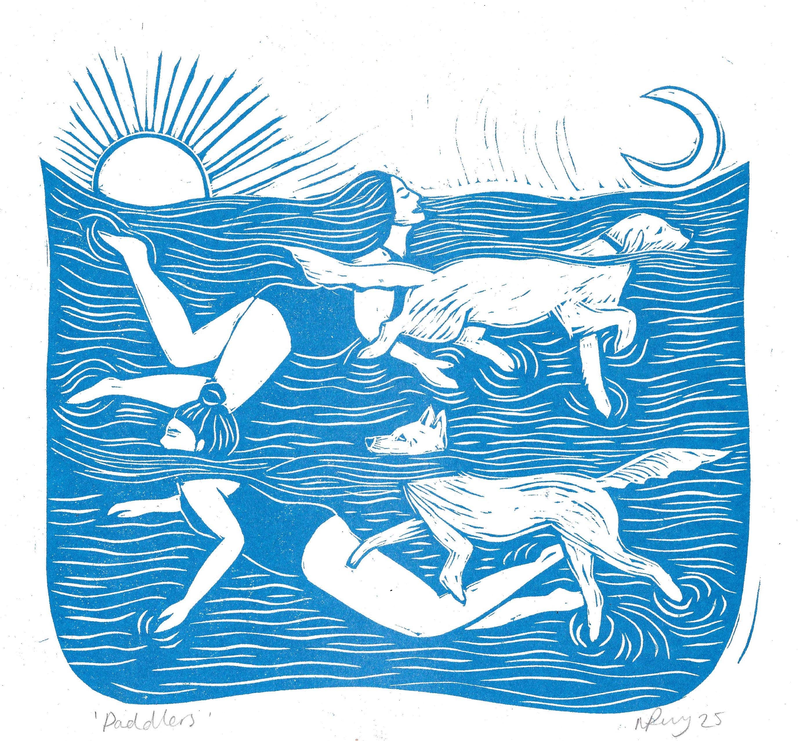 Prints by the Bay Paddlers riso print, dog art, swimming, doggy paddle, woman