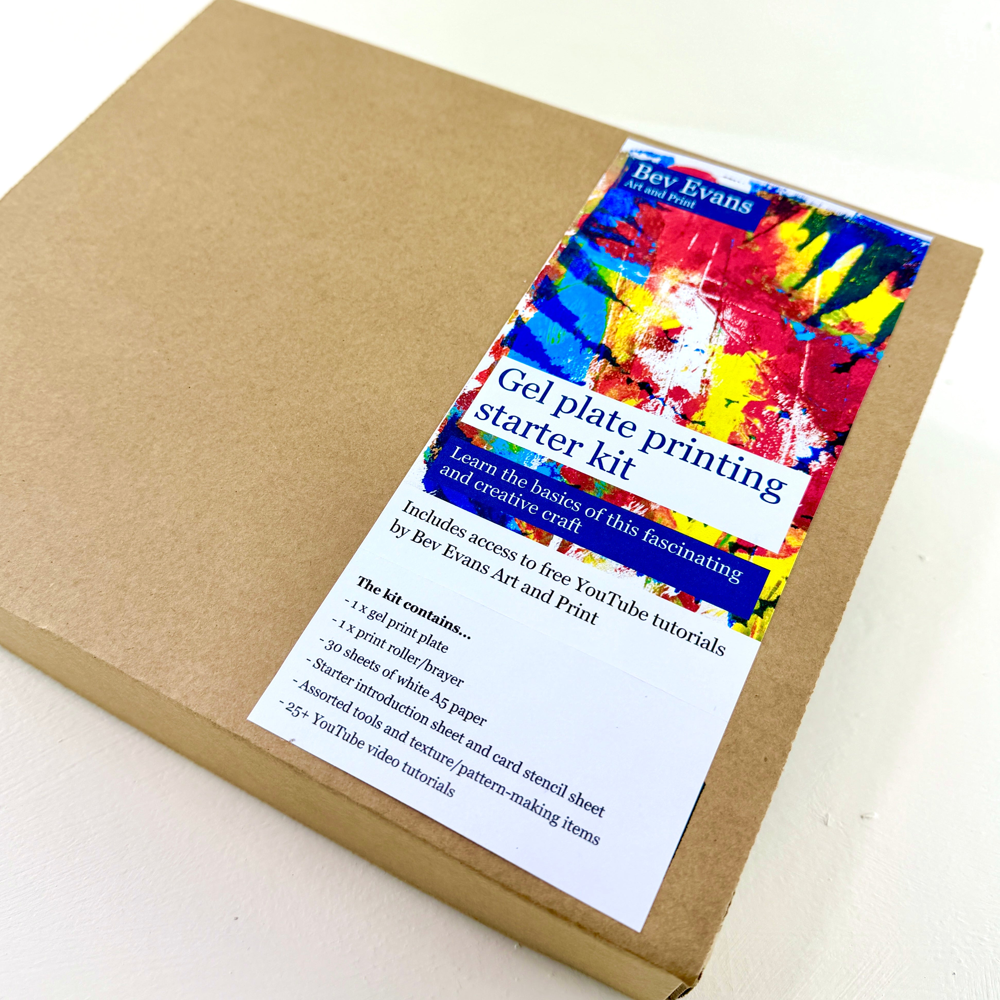 Gel plate printing starter kit packaging with a colorful label on a white background