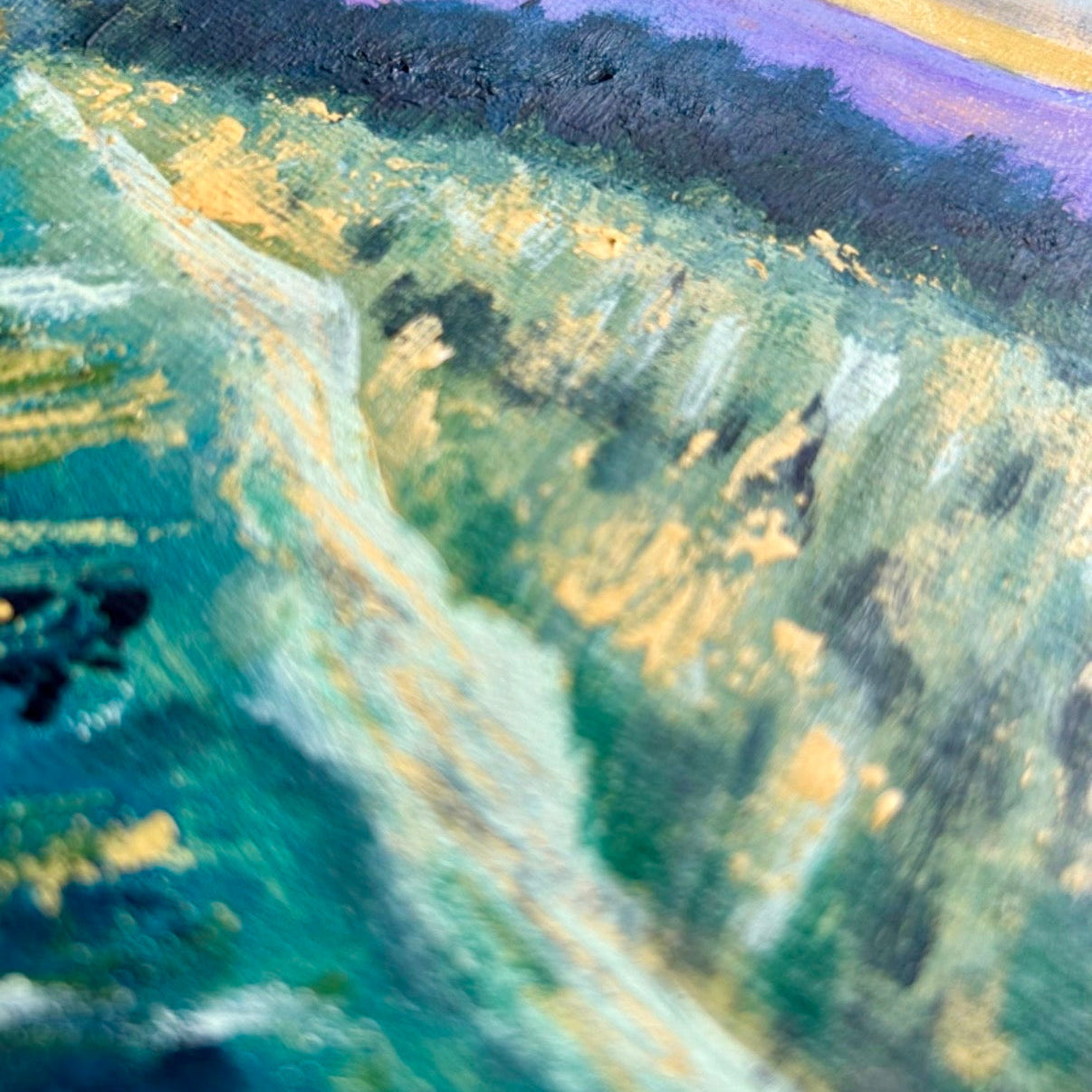 Abstract painting with a mix of green, blue, and purple hues