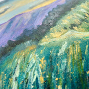 Artistic depiction of a landscape with green, blue, and purple hues.