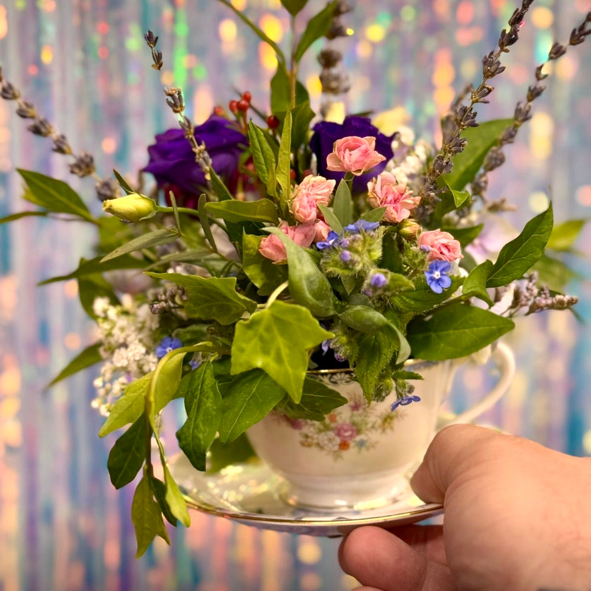 Floral Arrangement in Vintage Teacups with Cake & Prosecco