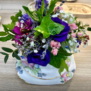 Floral Arrangement in Vintage Teacups with Cake & Prosecco