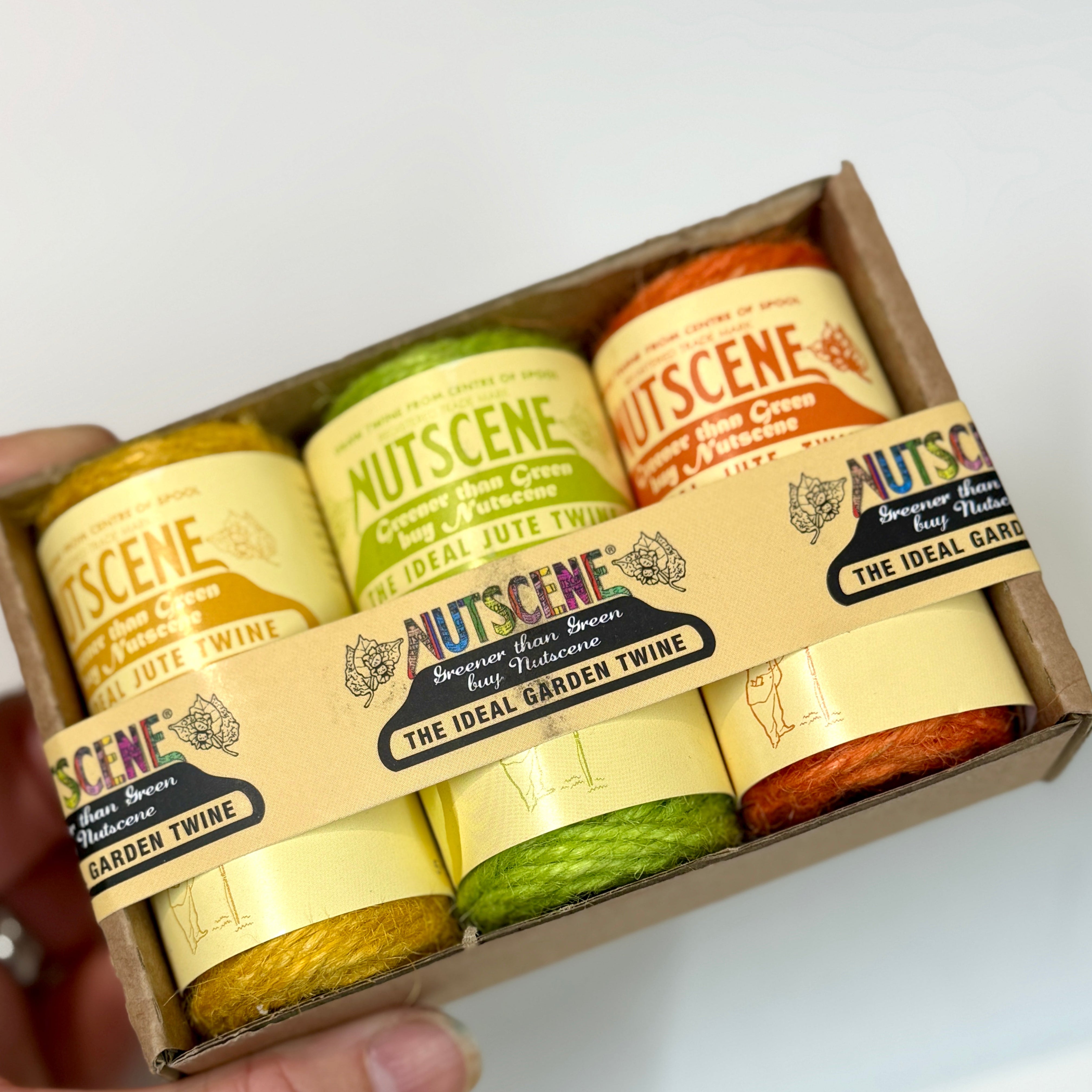 A hand holds a small cardboard box containing four spools of Nutscene embroidery floss in autumn colors: yellow, lime green, orange, and mustard yellow.