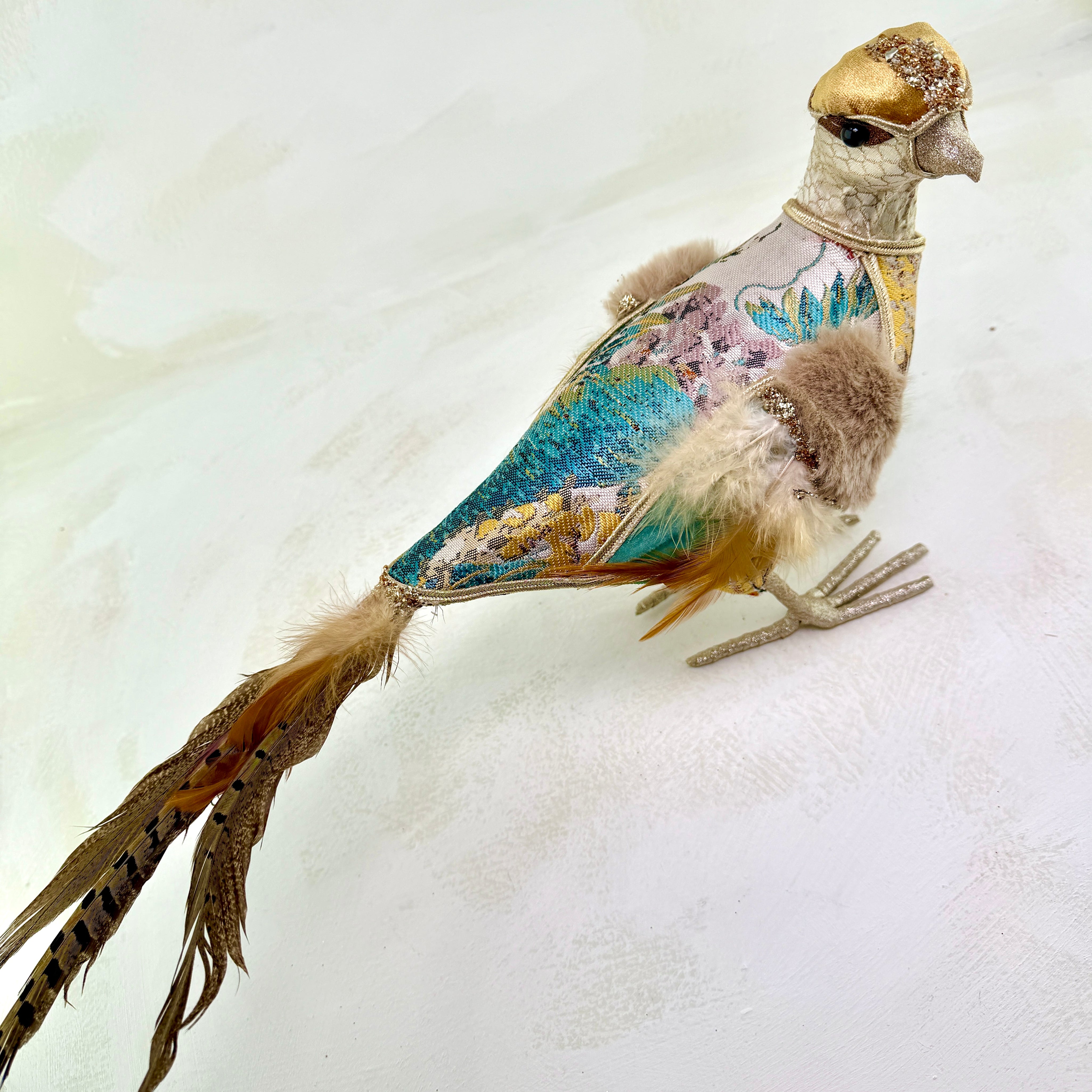 Embroidered white tapestry bird