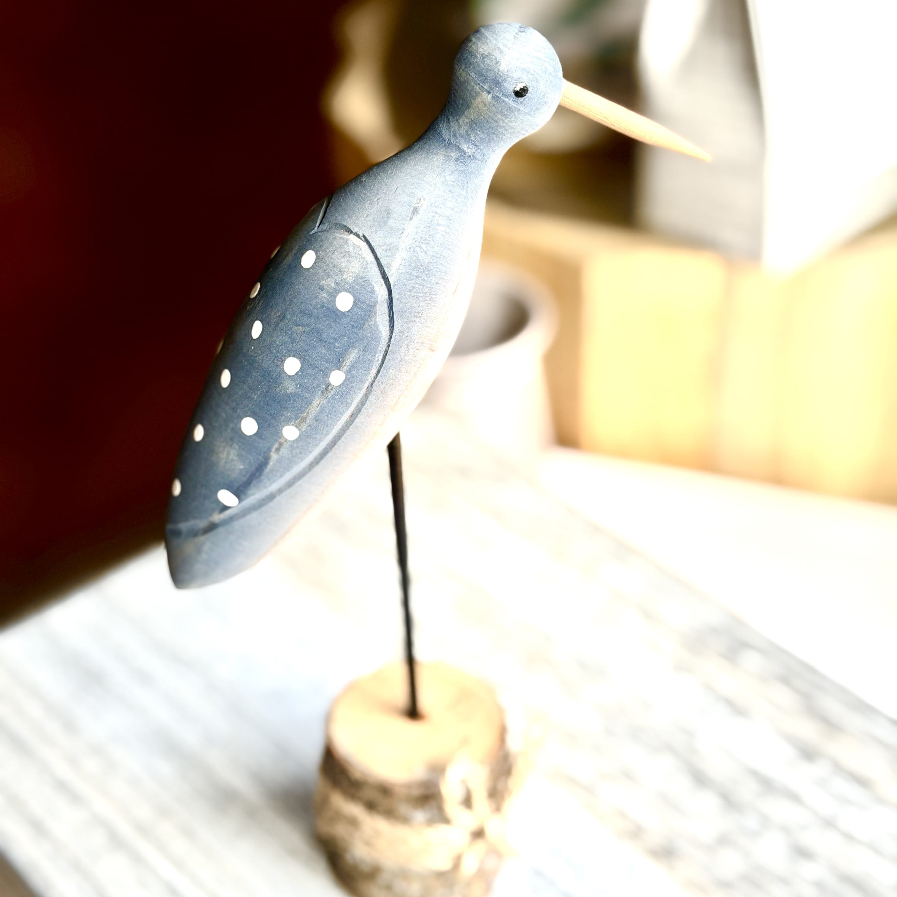 Clever Hands Hand Carved Wooden Bird Ornament on Bark Base
