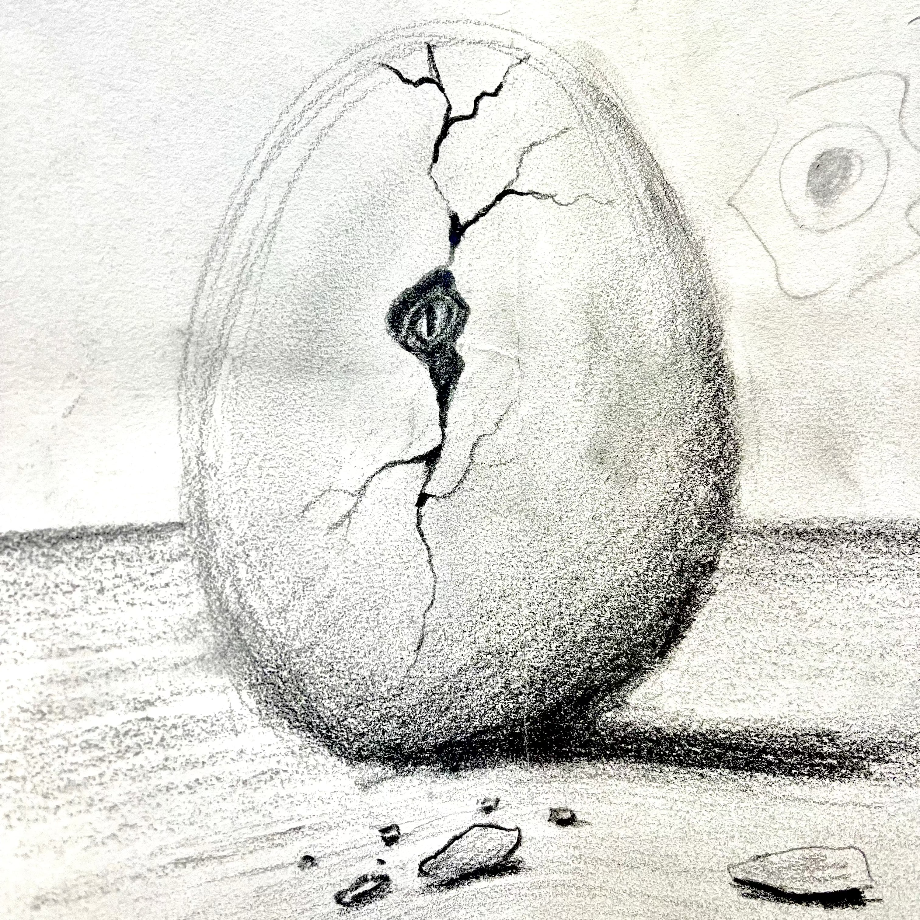 Pencil drawing of a cracked egg with a small eye inside on a textured surface.