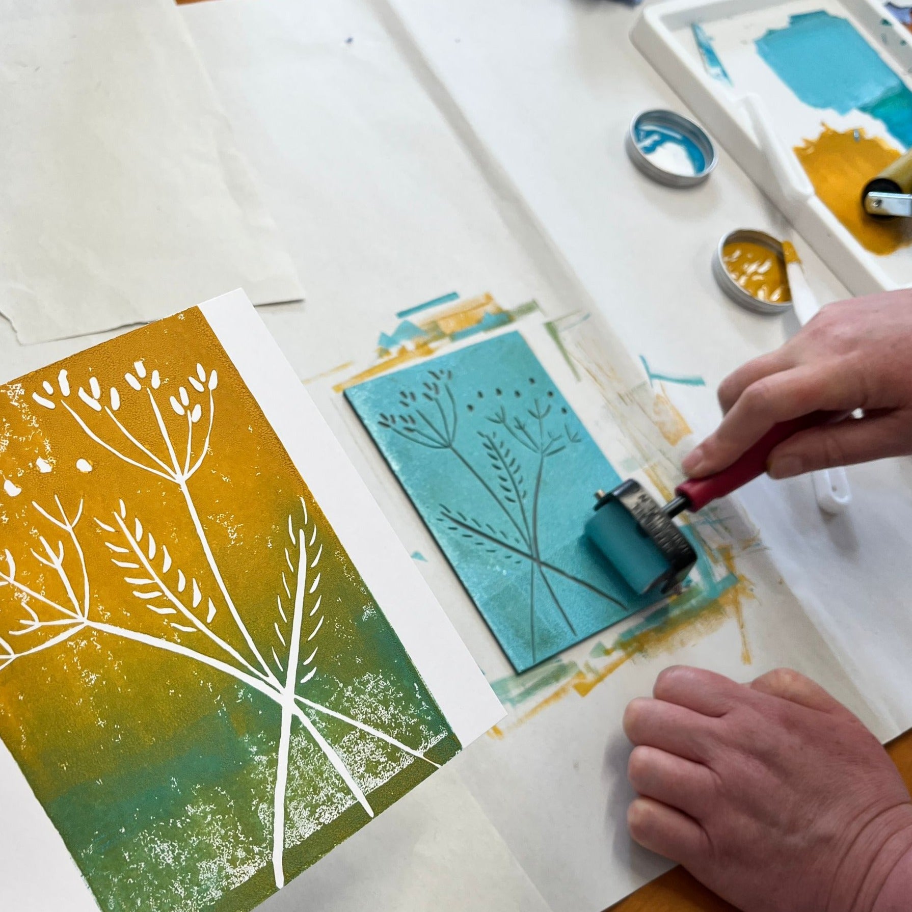 using yellow and blue inks to create a green shade botanical block printing