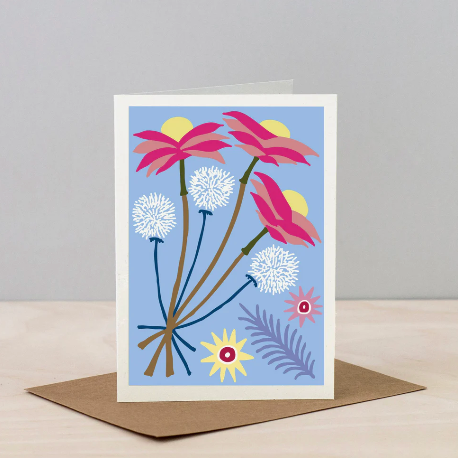 Greeting card with colorful floral design on a gray background