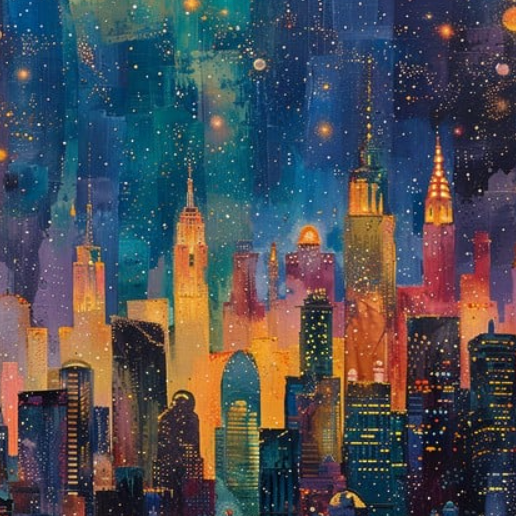 Colorful city skyline illustration with tall buildings against a starry night sky.