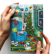 Illustrated greeting card of a cozy living room with Christmas decorations held by hands.