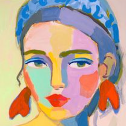 Colorful abstract portrait of a woman with a blue headscarf on a light background