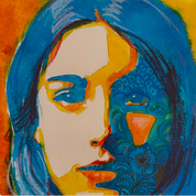 Colorful abstract artwork with blue, yellow, and orange hues