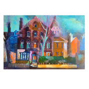A colorful painting of old brick townhouses and a church spire under a blue sky, shown centered on a white background.
