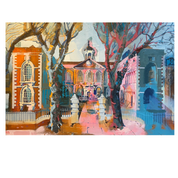 A colorful painting of a town square or street scene with historic buildings, leafless trees, and a central tower, shown centered on a white background.