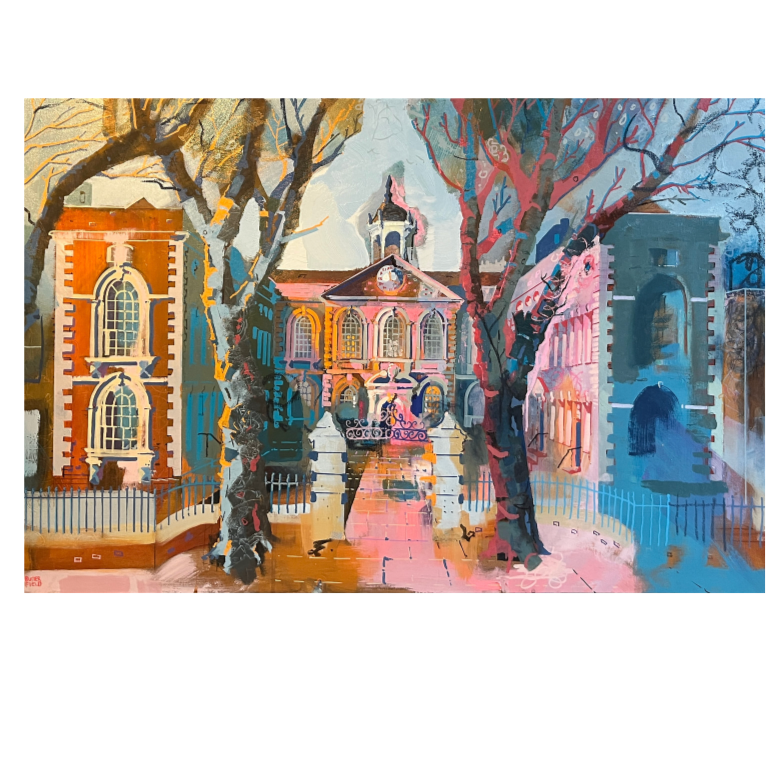 A colorful painting of a town square or street scene with historic buildings, leafless trees, and a central tower, shown centered on a white background.