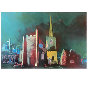 An impressionistic painting of a town scene featuring a church spire, a bridge, and brick buildings under a teal and dark sky, centered on a white background.