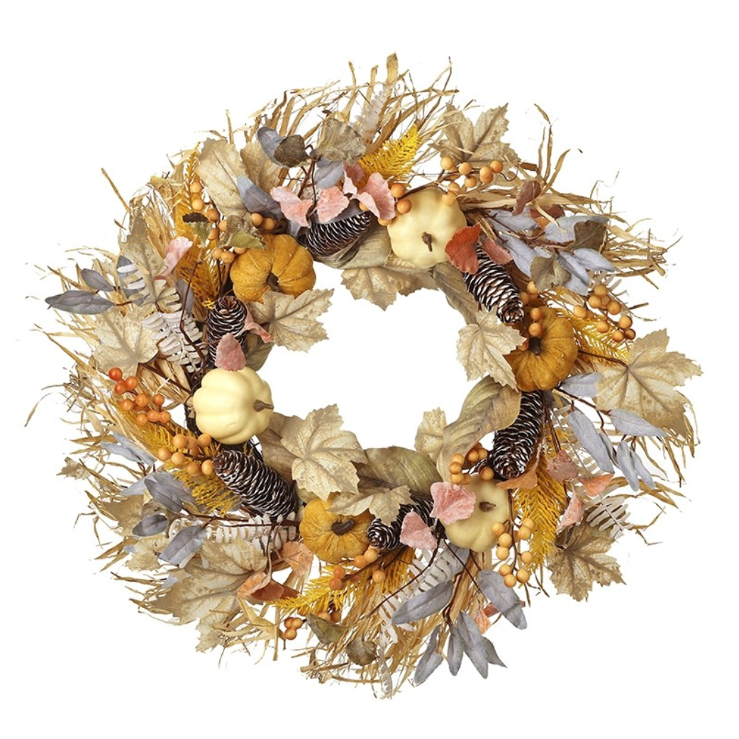 Autumn Wreath, faux with berries and pumpkins