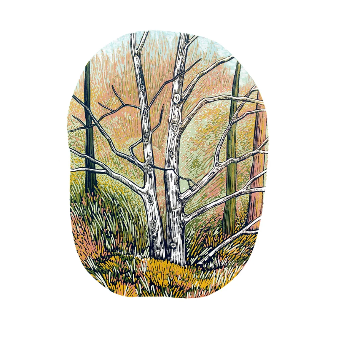 A printed card featuring an artistic illustration of leafless trees in a forest, shown on a white product page with pricing and quantity details.