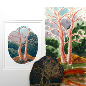 A white square art print or card featuring a painted forest scene with two pinkish-brown trees, shown alongside a larger matching artwork and a dark textured tree silhouette. The image appears to be a webpage screenshot with a 'Lemon Art' header and navigation at the top.