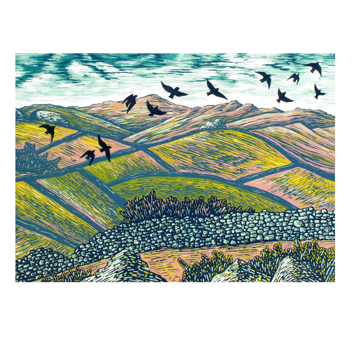 A product listing screenshot showing a printed card design featuring a stylized landscape painting with green, yellow, and blue fields, black birds, and a stone wall. The page includes product text, a price of £3.