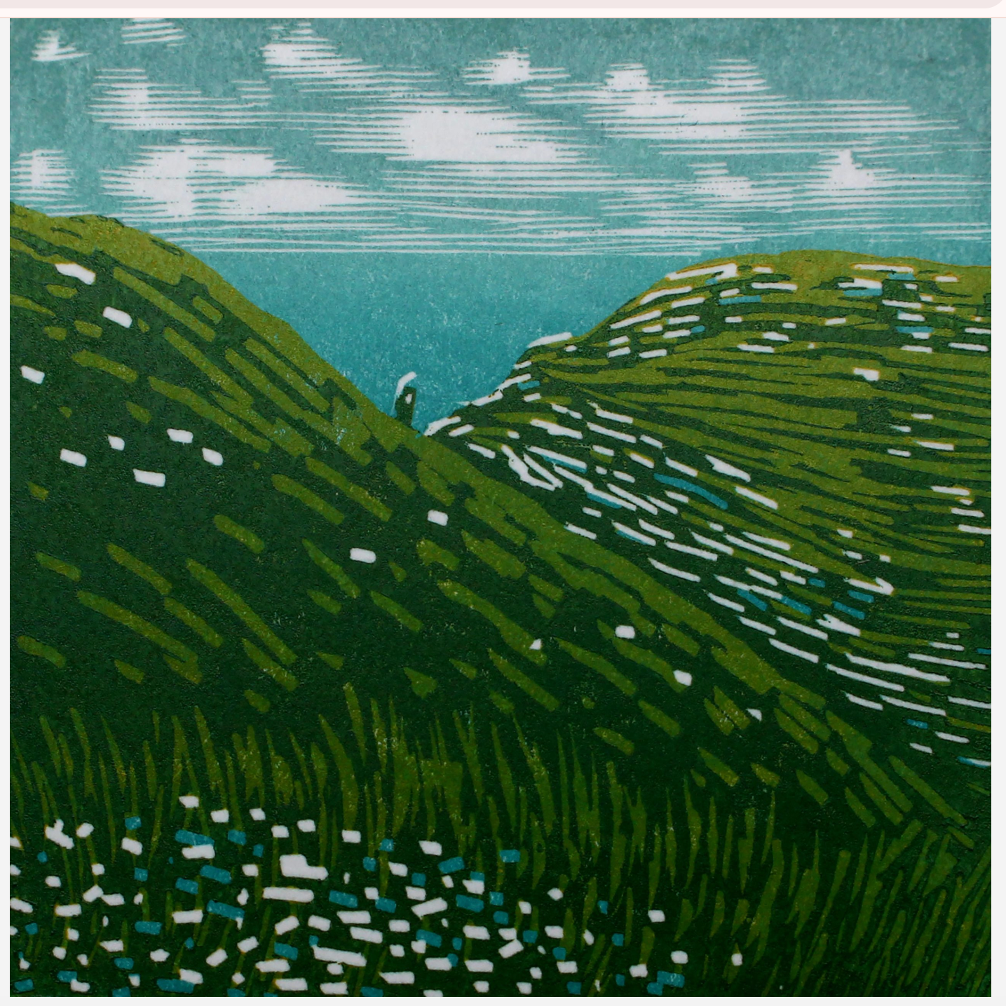 A screenshot of a web browser showing a blog post with a large printed-style artwork of green rolling hills under a blue sky, with Chrome and other browser tabs visible around it.
