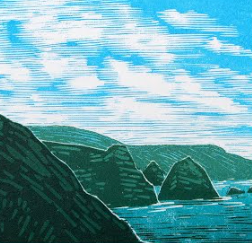 A landscape art print featuring a blue sky with white clouds, green hills, and rocky sea stacks, with a teal banner at the bottom reading 'Print Release' and 'Locating Prints'.