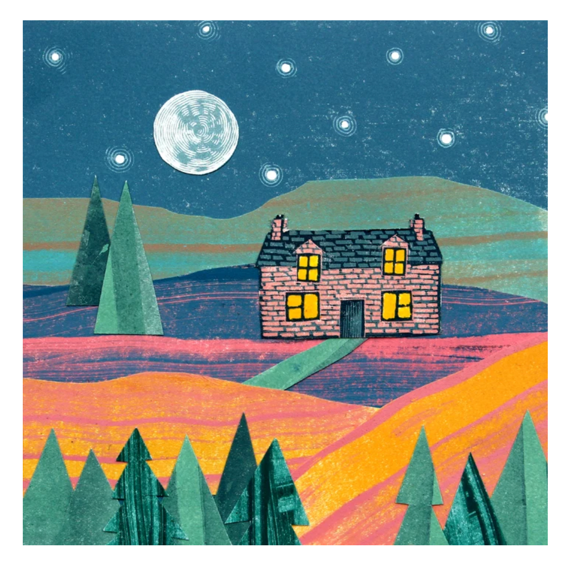 A product listing screenshot for a custom card design featuring a whimsical hand-drawn illustration of a cottage at night. The artwork depicts a cozy brick house with glowing yellow windows, surrounded by dark green pine trees under a starry night sky with a full moon.