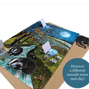 A product listing page showing a moonlit forest art collage on a brown backing board, with multiple small white cards placed on top. The page includes a website header reading MOLLY LEMON ART, product title text, price, quantity selector, and thumbnail previews along the bottom.