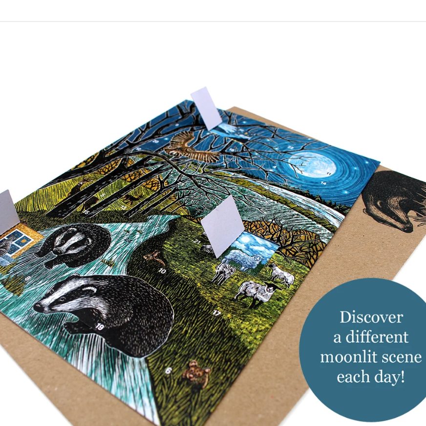 A product listing page showing a moonlit forest art collage on a brown backing board, with multiple small white cards placed on top. The page includes a website header reading MOLLY LEMON ART, product title text, price, quantity selector, and thumbnail previews along the bottom.