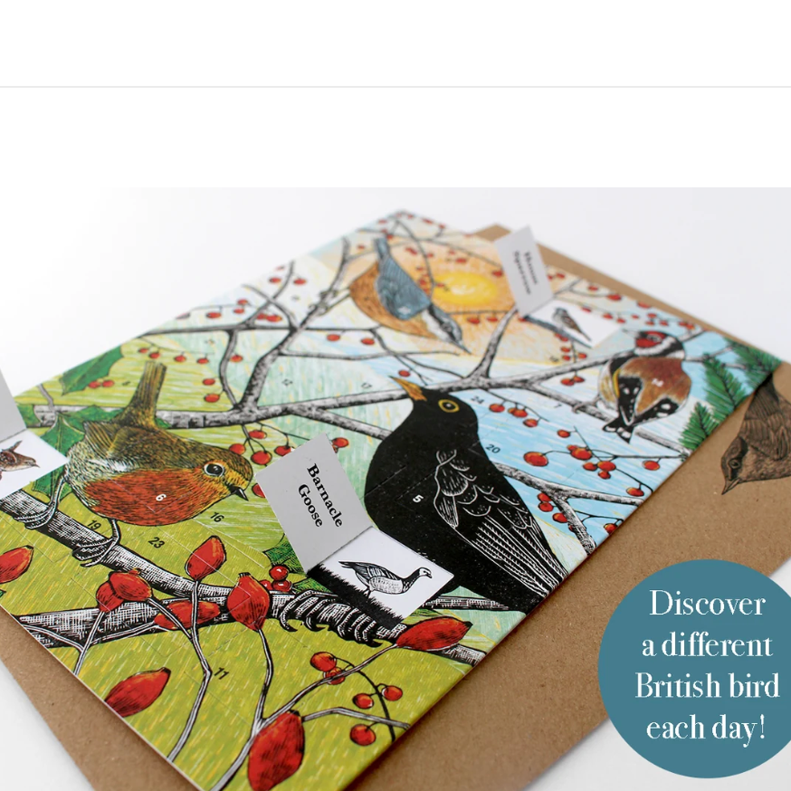A product listing page for 'Lily Lemon Art' showing a British Green Card deck. The card deck packaging features a colorful illustration of a blackbird on a branch with red berries, accompanied by small pop-up bird cards.