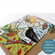A product listing page for 'Lily Lemon Art' showing a British Green Card deck. The card deck packaging features a colorful illustration of a blackbird on a branch with red berries, accompanied by small pop-up bird cards.