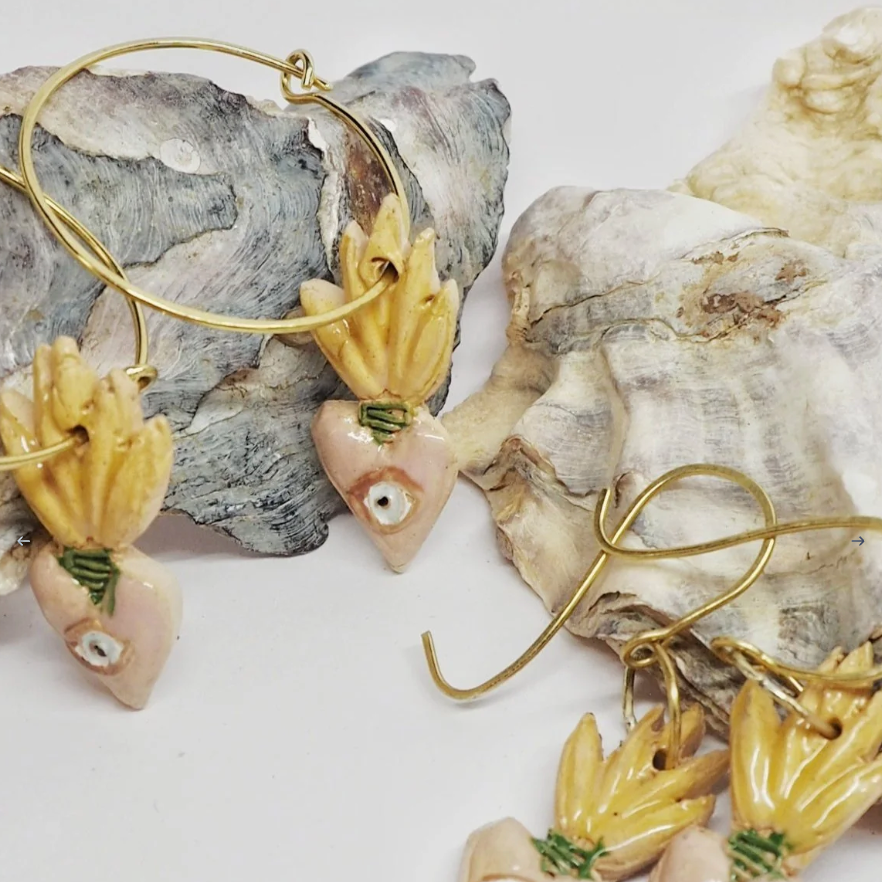 Flaming heart ceramic & brass earrings