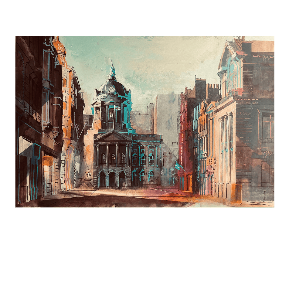 A watercolor painting of a European street scene with historic buildings and a domed structure, shown centered on a white screen within a web browser. The browser chrome and macOS dock are visible.