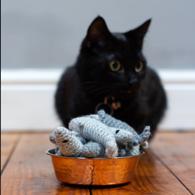 Black cat looking at crocheted toys in a copper bowl on a wooden floor.