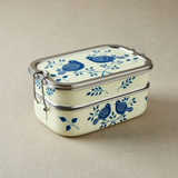 Tiffin-Style lunchbox in cotton gift bag, blue folk