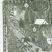 Illustration of a person camping in a forest with animals and nature elements.