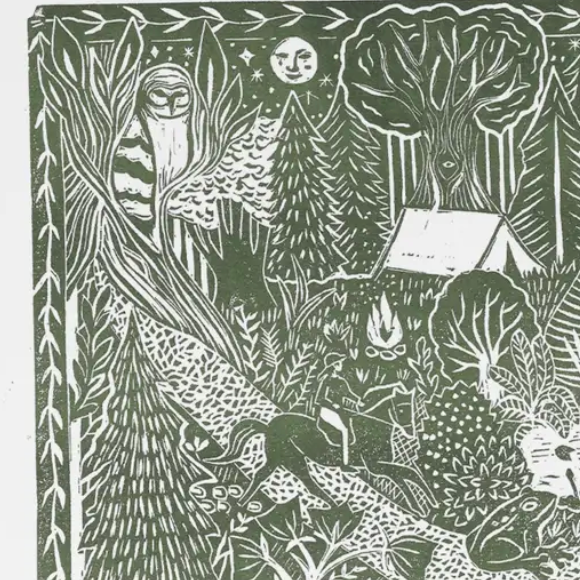 Illustration of a person camping in a forest with animals and nature elements.