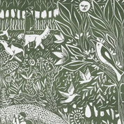 Patterned fabric with green and white animals, plants, and people in a natural setting.