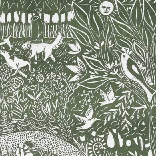 Patterned fabric with green and white animals, plants, and people in a natural setting.