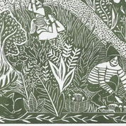 Illustration of people in a forest with various plants and animals.