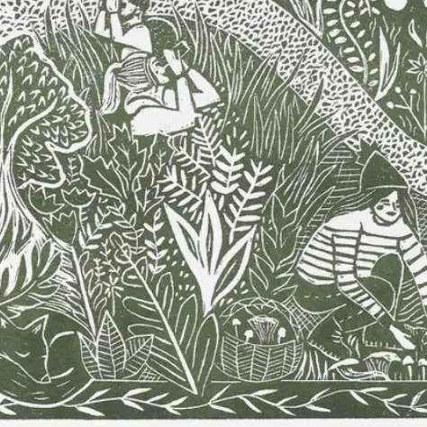 Illustration of people in a forest with various plants and animals.