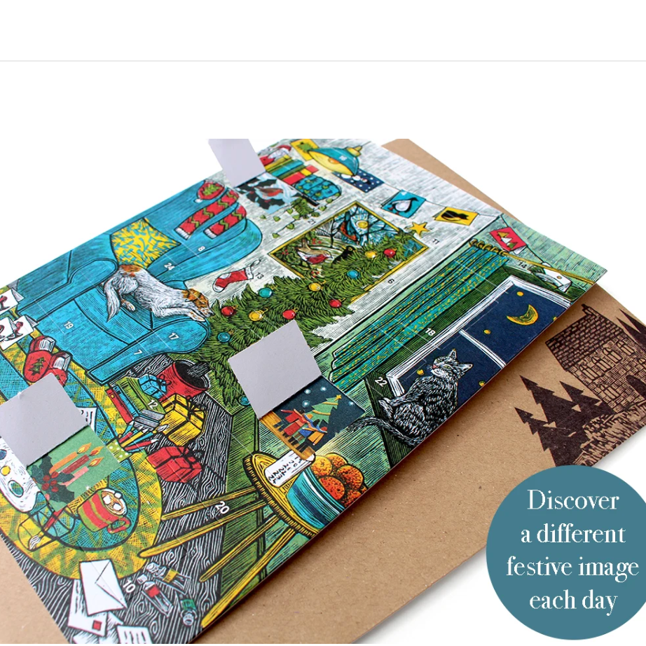 A Molly Lemon Art Christmas advent calendar box shown on a website page, featuring a colorful illustrated cover with daily scenes and a kraft paper base. The page includes product details, pricing, and thumbnail images of the calendar.