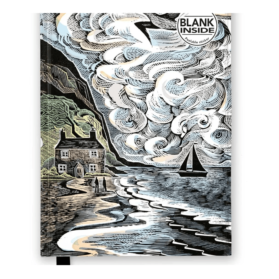 A hardcover notebook with a black and white woodcut-style illustration of a coastal village, waves, and a sailboat. The cover features a circular 'BLANK INSIDE' logo in the top right.