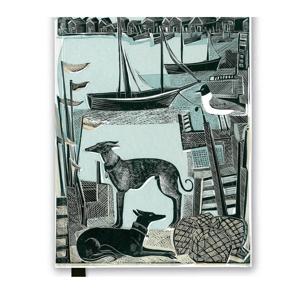 A screenshot of a book journal listing page from Gathered by Garnerer, showing the product cover illustration for 'Angela Harding Harbour Whippets Foiled Ruled As Journal (IIB)' alongside product details and a shopping cart interface.