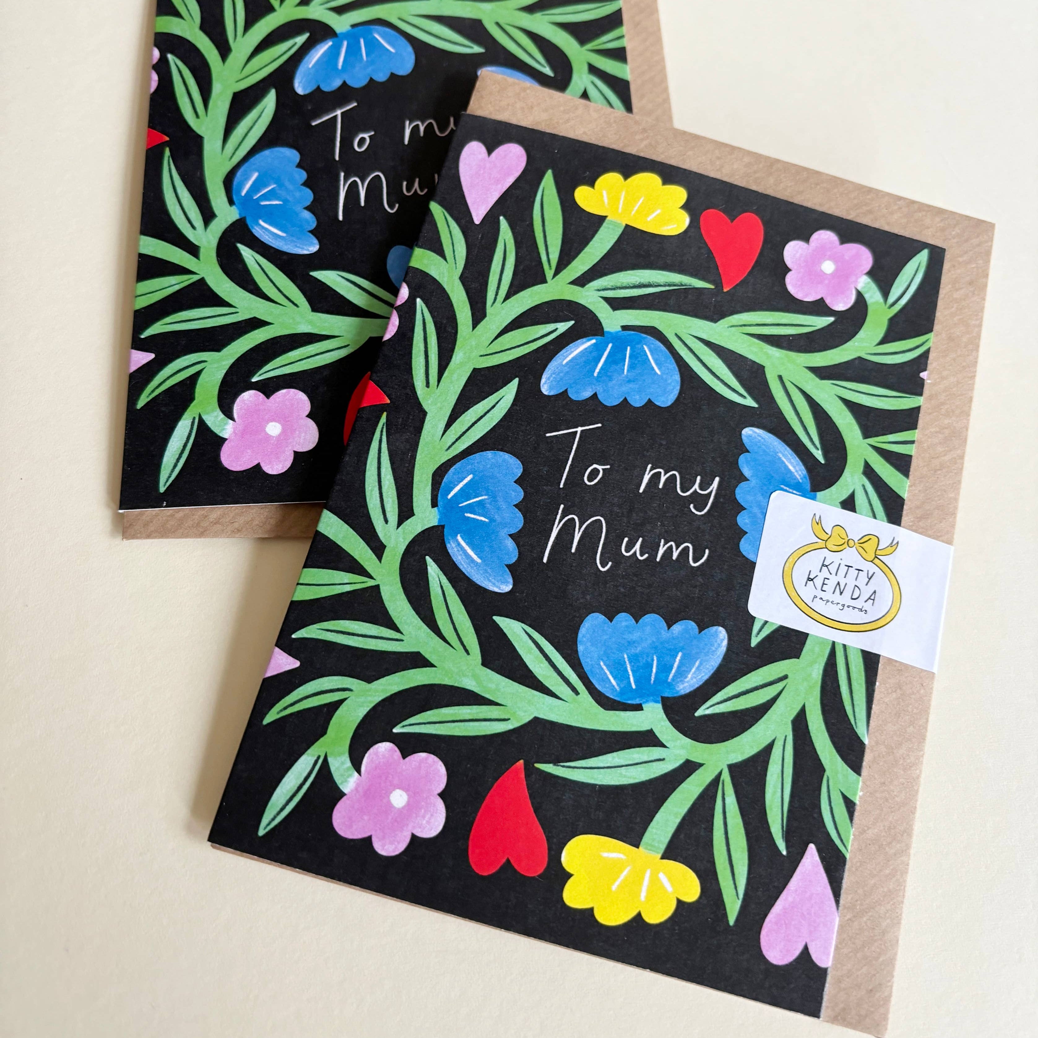 Two greeting cards with floral designs and 'To my Mum' text on a light background