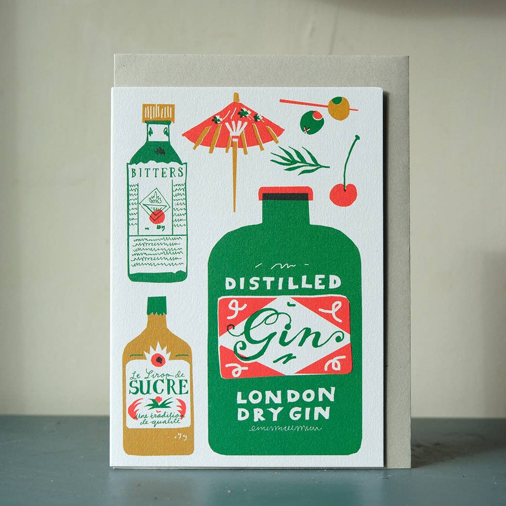 Gin Bottle Greeting Card for Gin Lover or Cocktail Fan