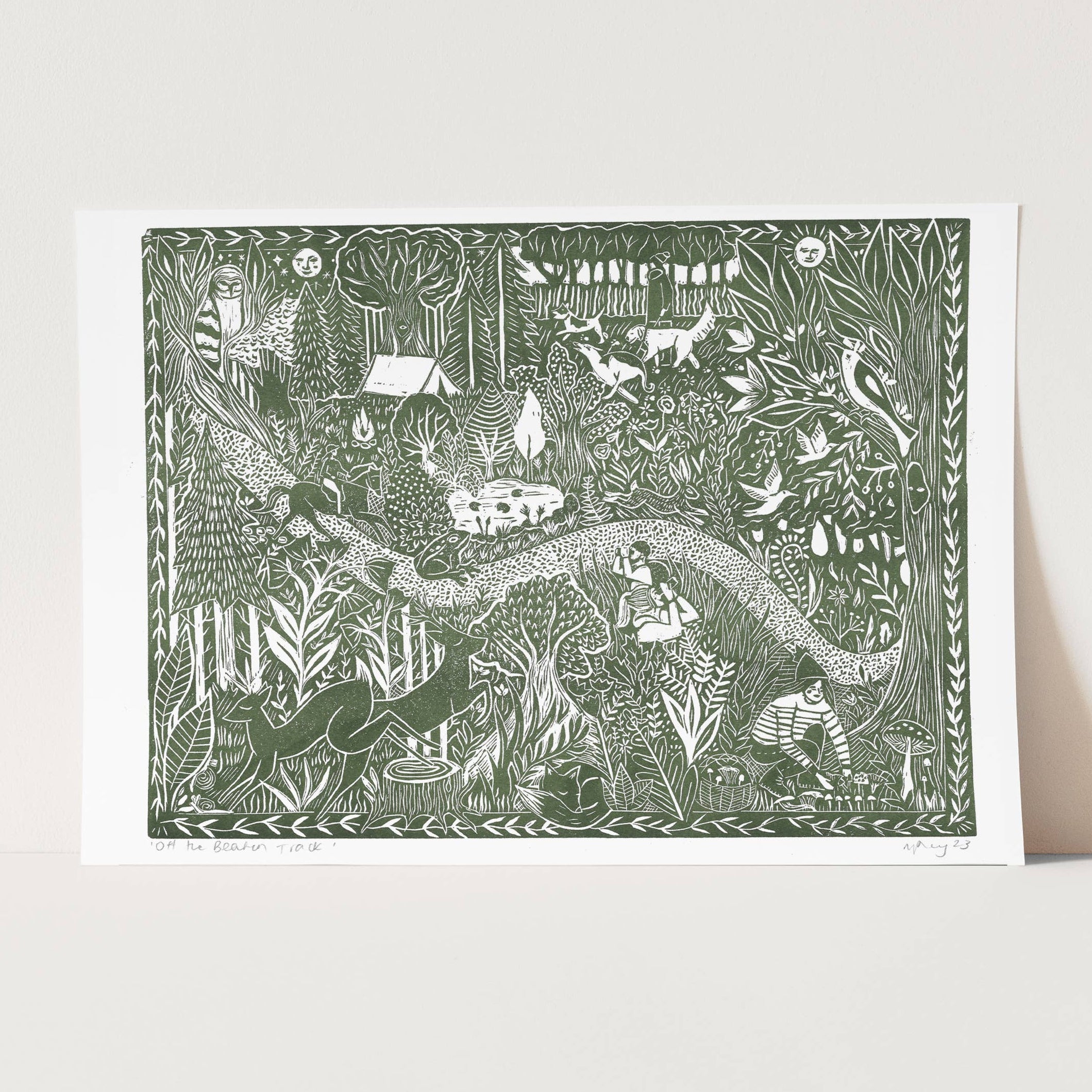 linocut print with dark green - A3 size 
