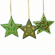 Set of 3 Hand Painted Green Wooden Star Decorations