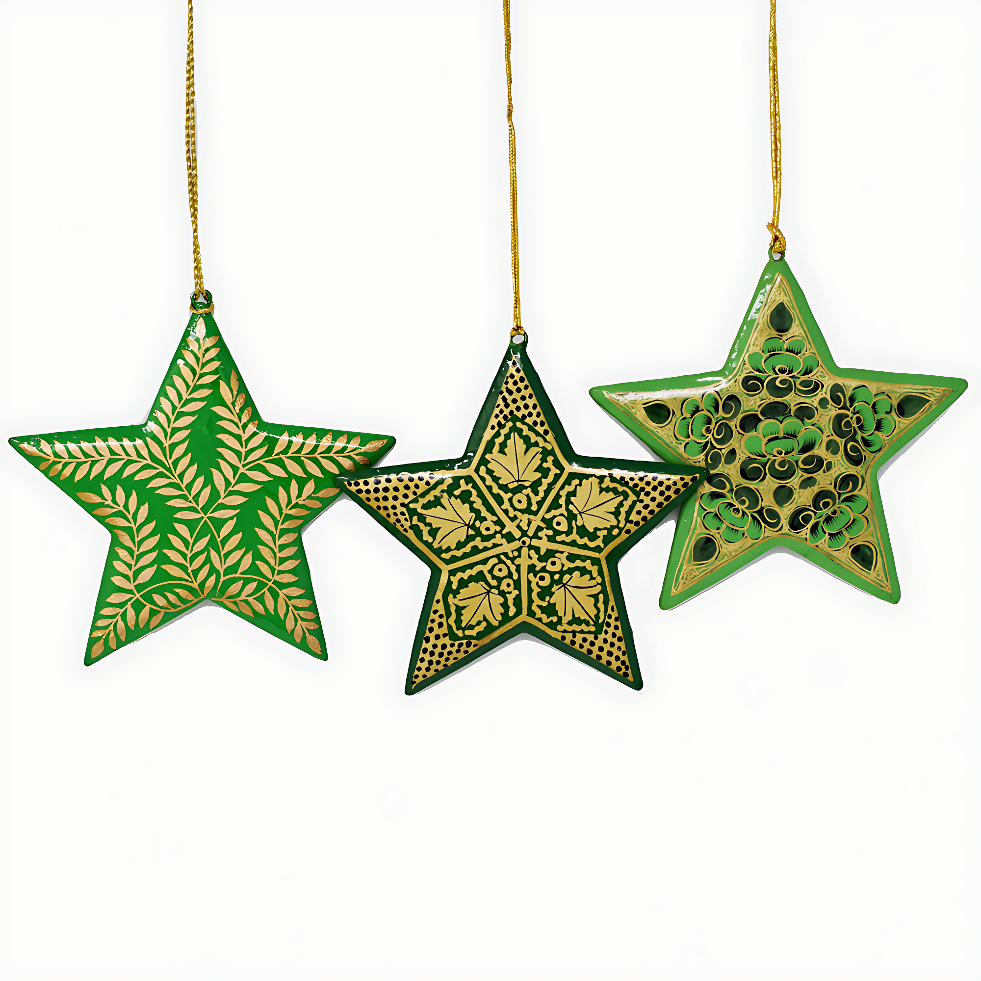 Set of 3 Hand Painted Green Wooden Star Decorations