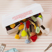 Embroidery thread set with colorful floss, scissors, and a measuring tape on a wooden surface.